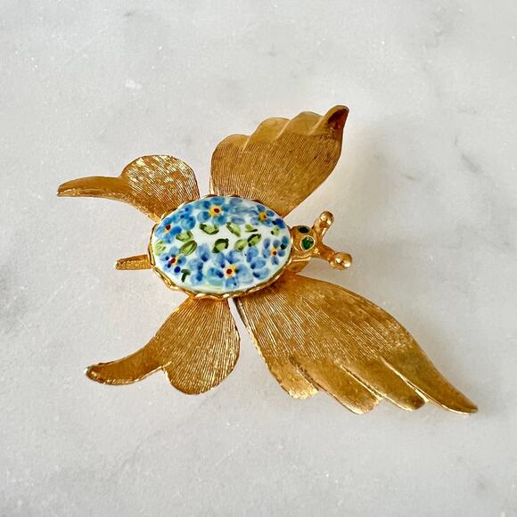 Vintage Gold Tone Butterfly Brooch with Floral Porcelain & Green Rhinestone Eyes - Picture 4 of 8